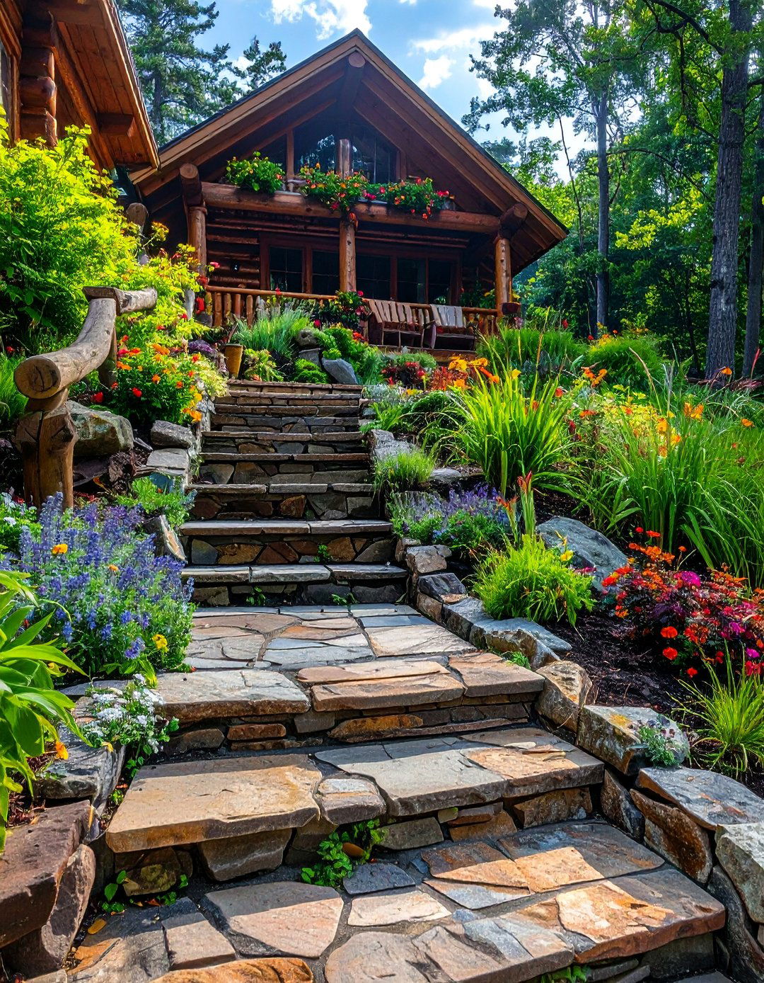 Stone Steps and Terraced Gardens - 25 Log Cabin Landscaping Ideas for Rustic Appeal