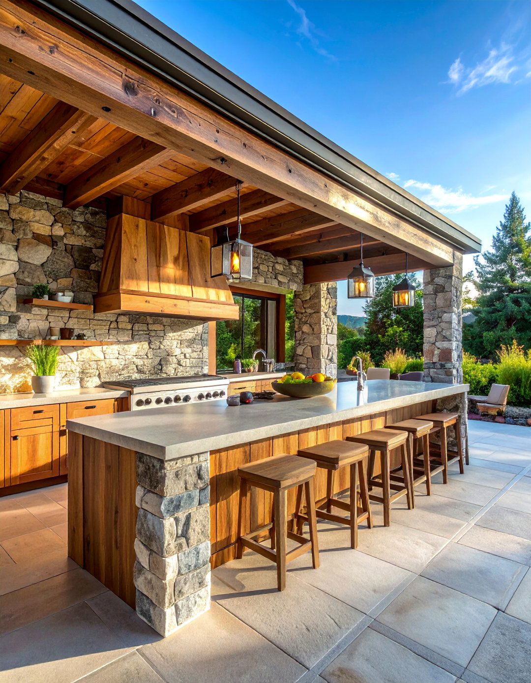 Stone and Natural Material Combinations - 25 Covered Outdoor Kitchen Ideas for Year-Round Cooking