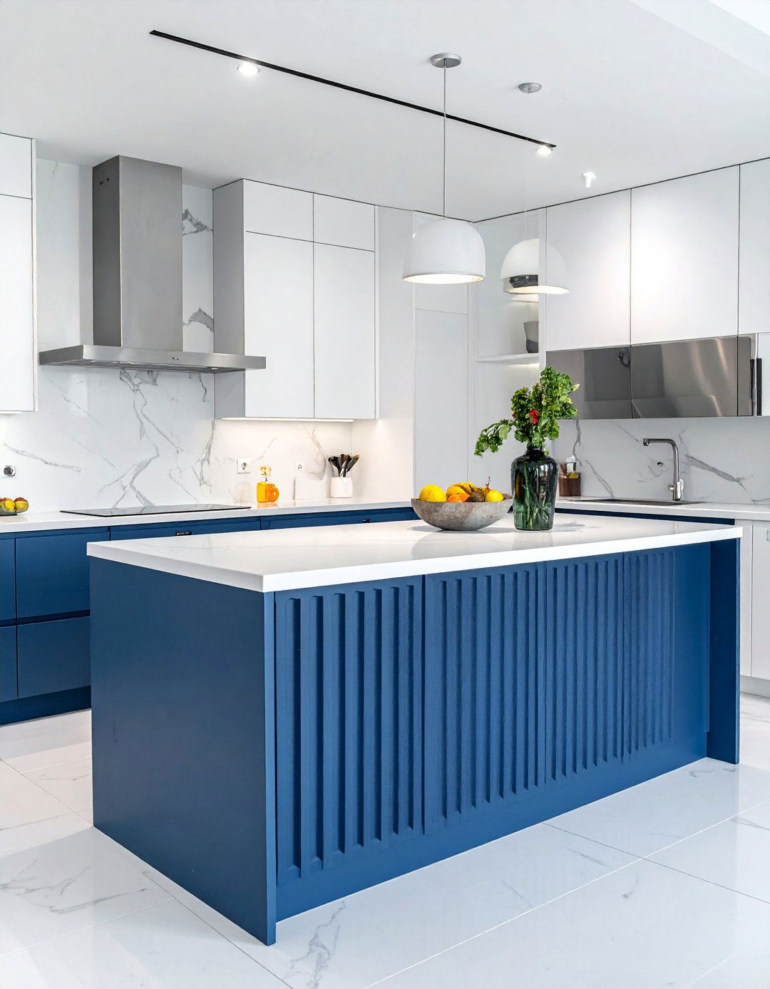 Stormy Blue Island with a Fluted Front - 30 White Kitchen Cabinets With Blue Island Design Ideas