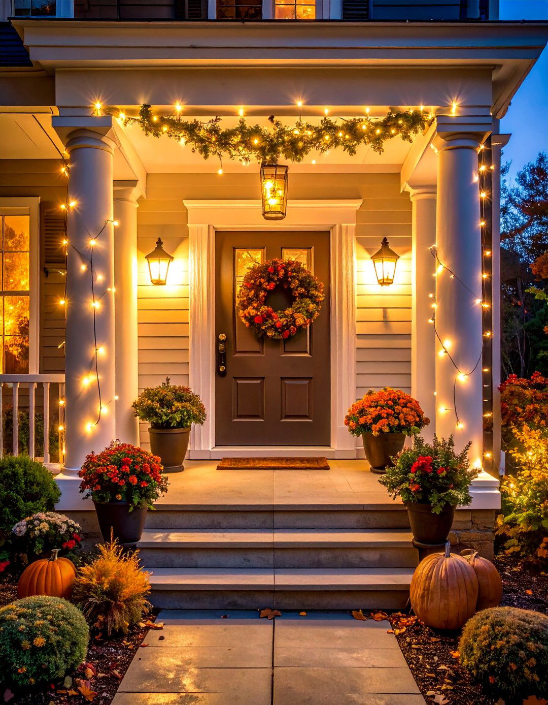 String Light Accents - 30 Front Door Fall Decor Ideas to Welcome the Season