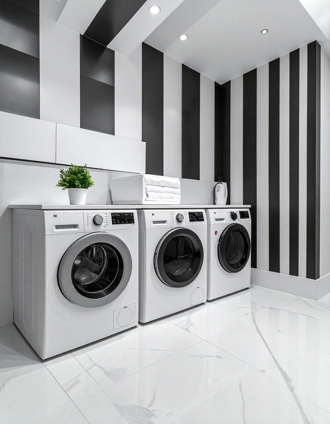 Striped Accent Wall in a Black and White Laundry Room - 15 Black and White Laundry Room Ideas for Elegance
