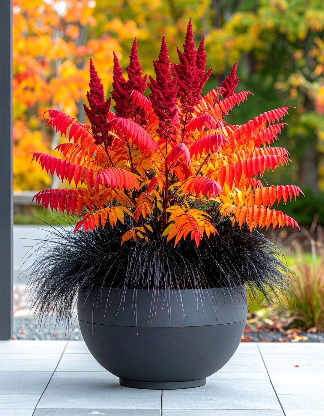 Sumac and Black Mondo Grass Fall Planter - 40 Fall Planter Ideas to Add Seasonal Charm