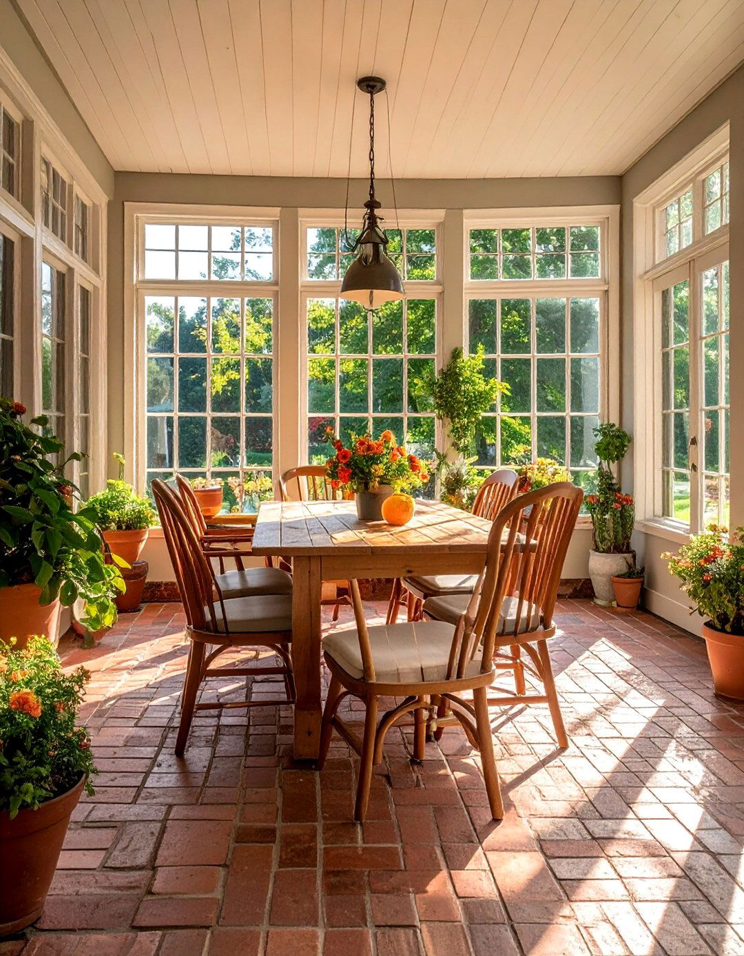 Sunroom Dining Area with a Brick Floor - 20 Brick Floor Sunroom Ideas for a Rustic Charm
