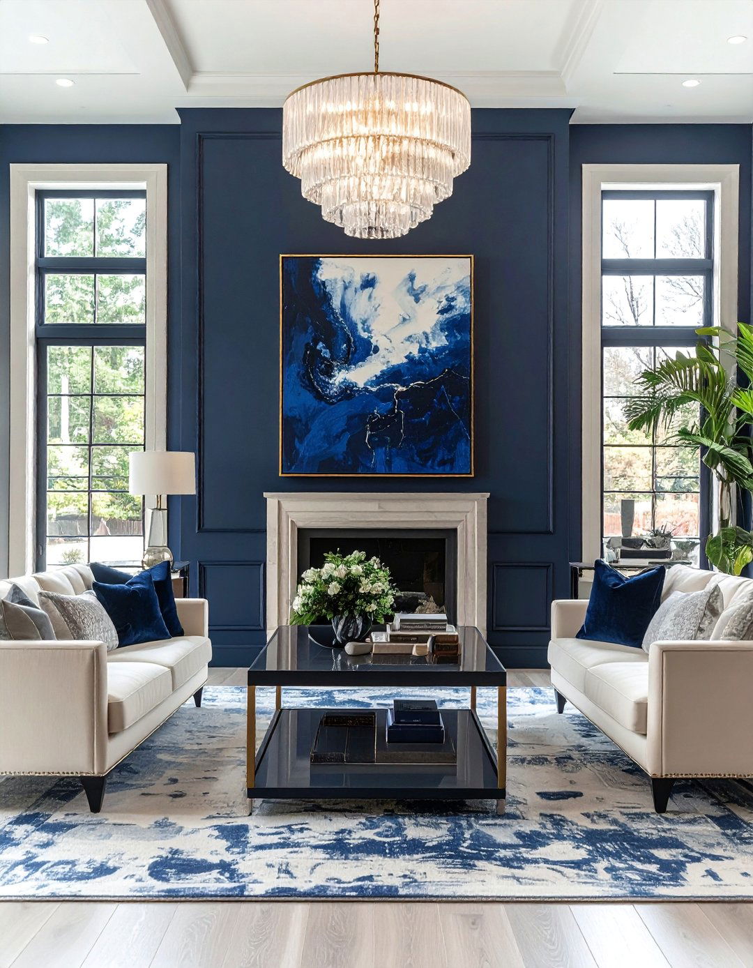 Symmetrical Layout Centered on a Navy Feature - 25 Navy and Cream Living Room Ideas for Timeless Elegance