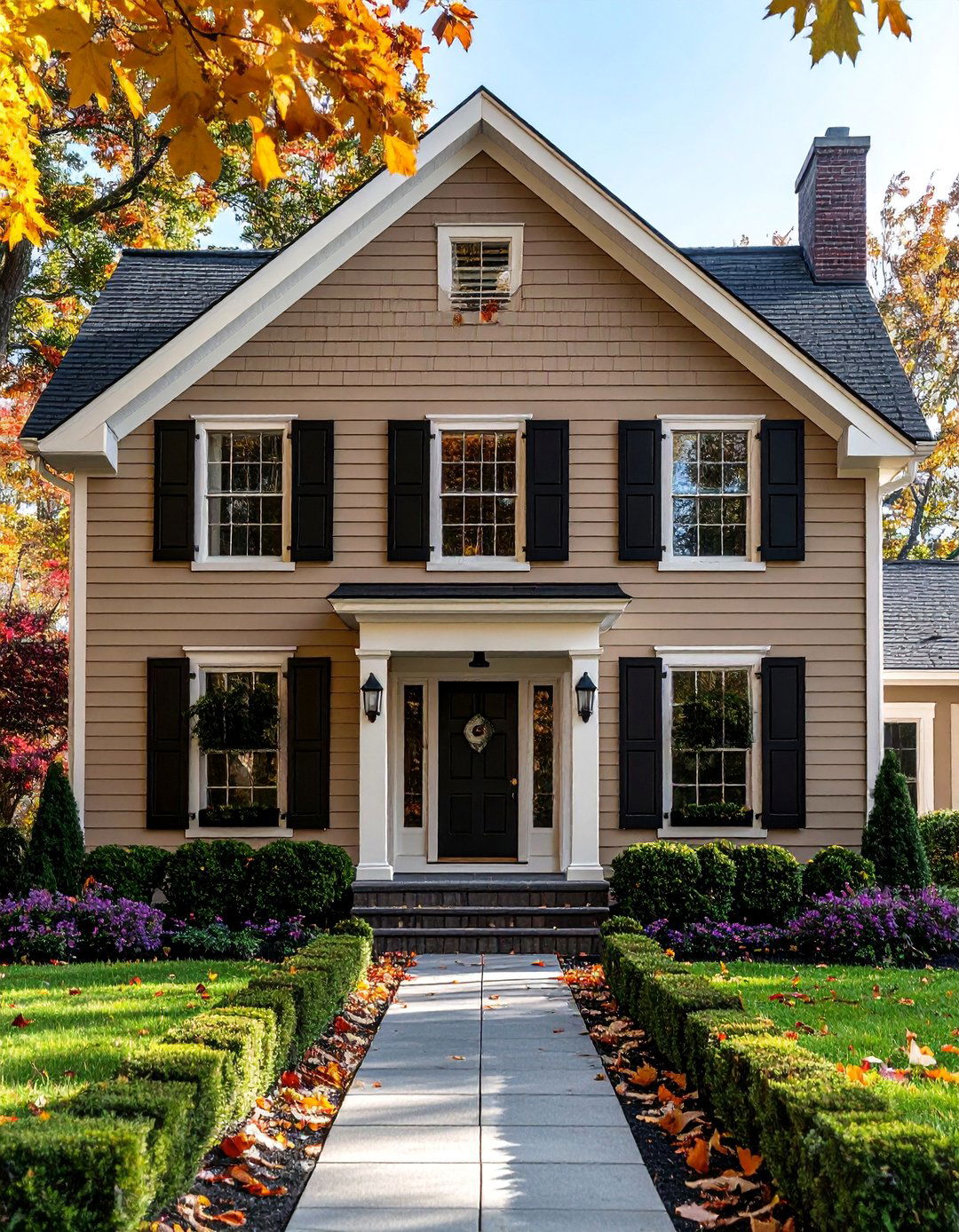 Taupe Body with Black Shutters and Doors - 25 Exterior Taupe House Color Combinations for a Timeless Look