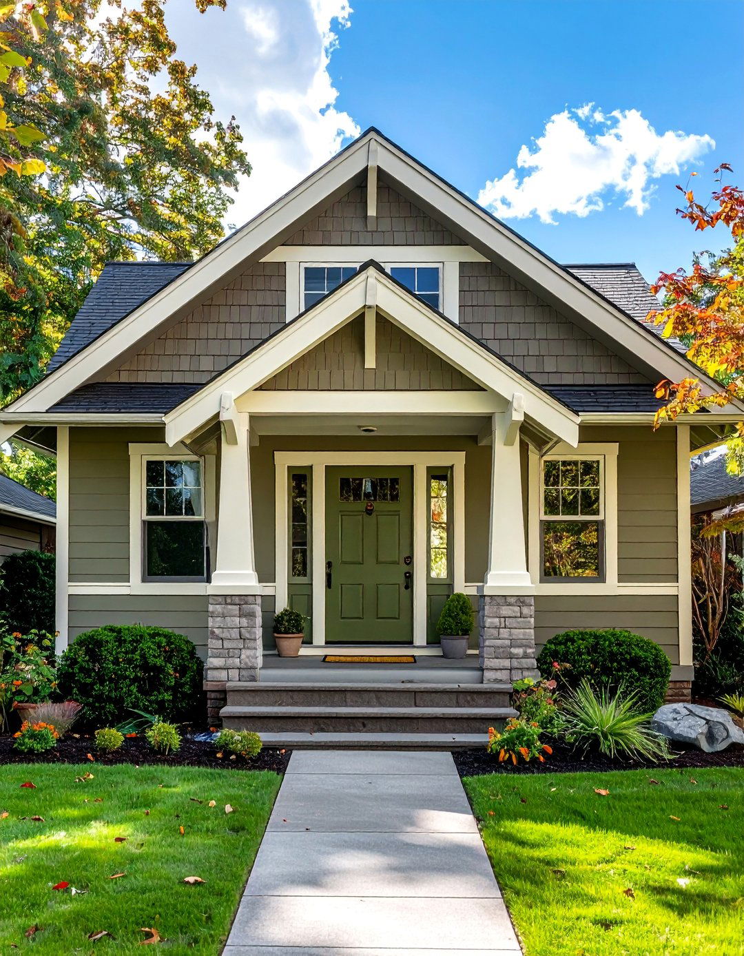 Taupe Siding with an Olive Green Front Door - 25 Exterior Taupe House Color Combinations for a Timeless Look