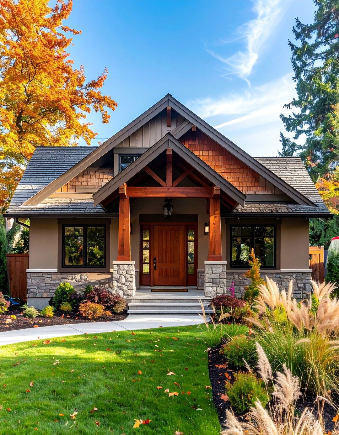 Taupe Stucco and Natural Wood Elements - 25 Exterior Taupe House Color Combinations for a Timeless Look
