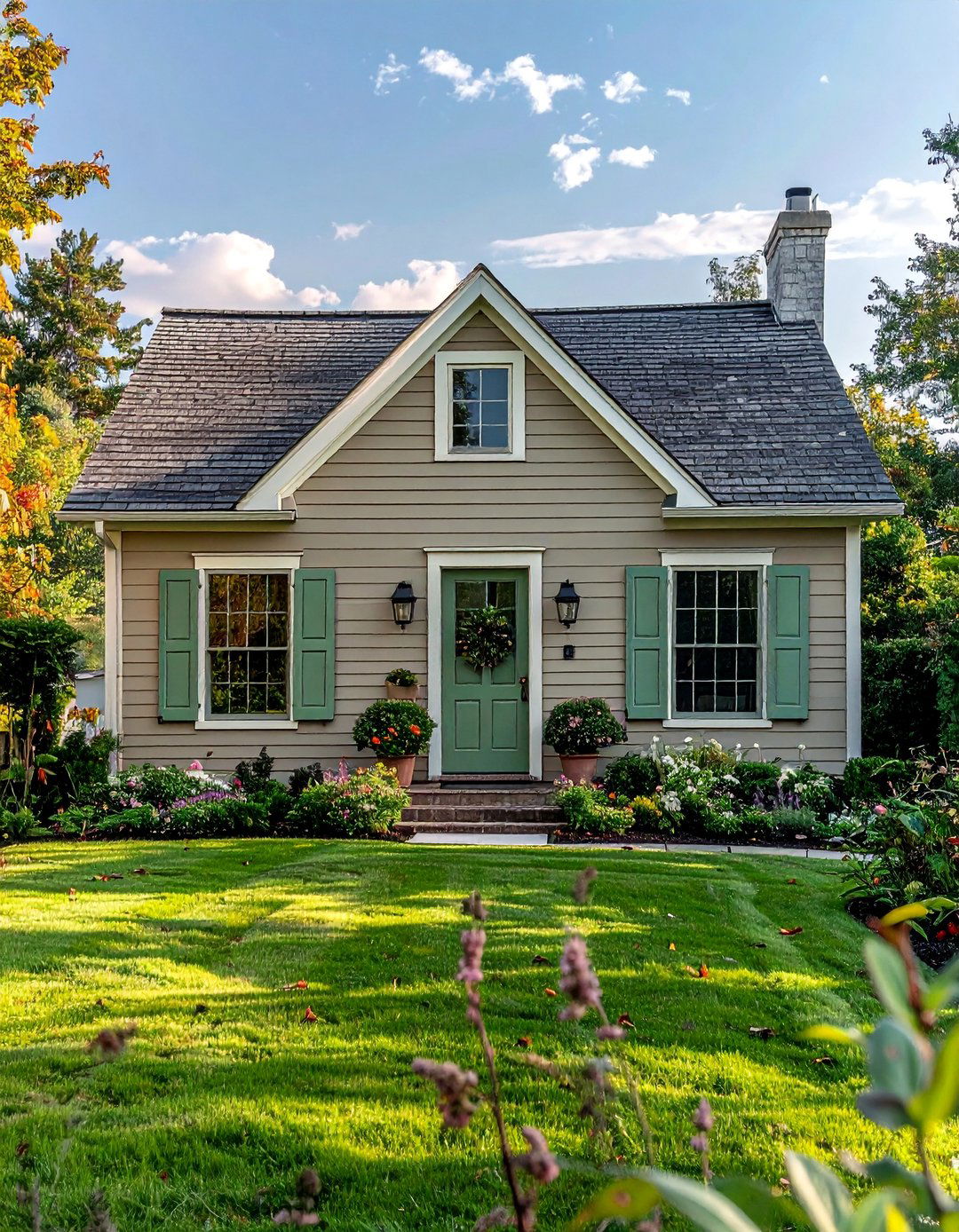 Taupe and Sage Green Shutters - 25 Exterior Taupe House Color Combinations for a Timeless Look