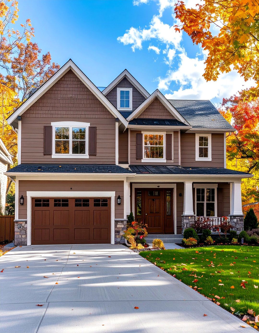 Taupe with Chocolate Brown Garage Doors - 25 Exterior Taupe House Color Combinations for a Timeless Look