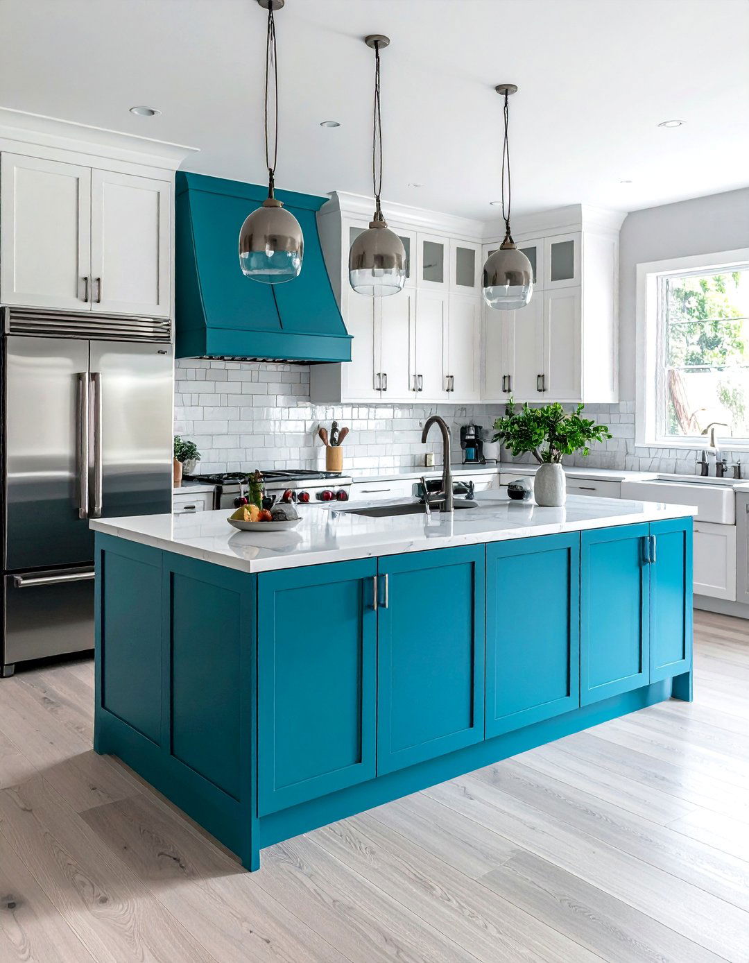 Teal Blue Island with Stainless Steel Accents - 30 White Kitchen Cabinets With Blue Island Design Ideas