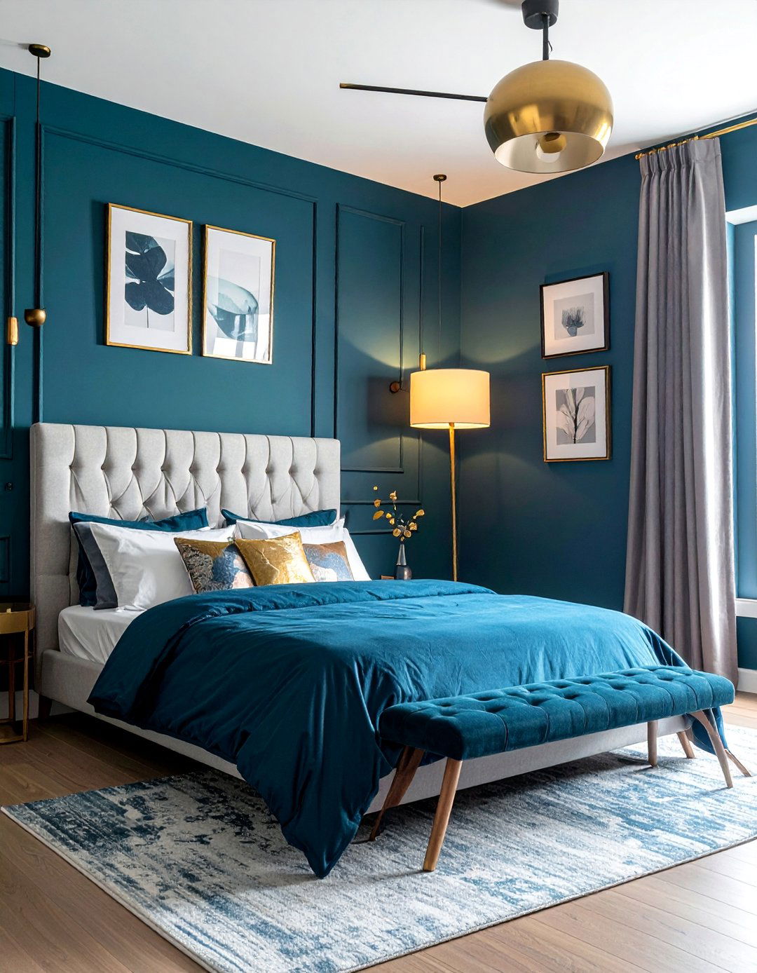 Teal Blue Walls with Brushed Gold Accents - 20 Blue and Gold Bedroom Ideas for a Luxurious Look
