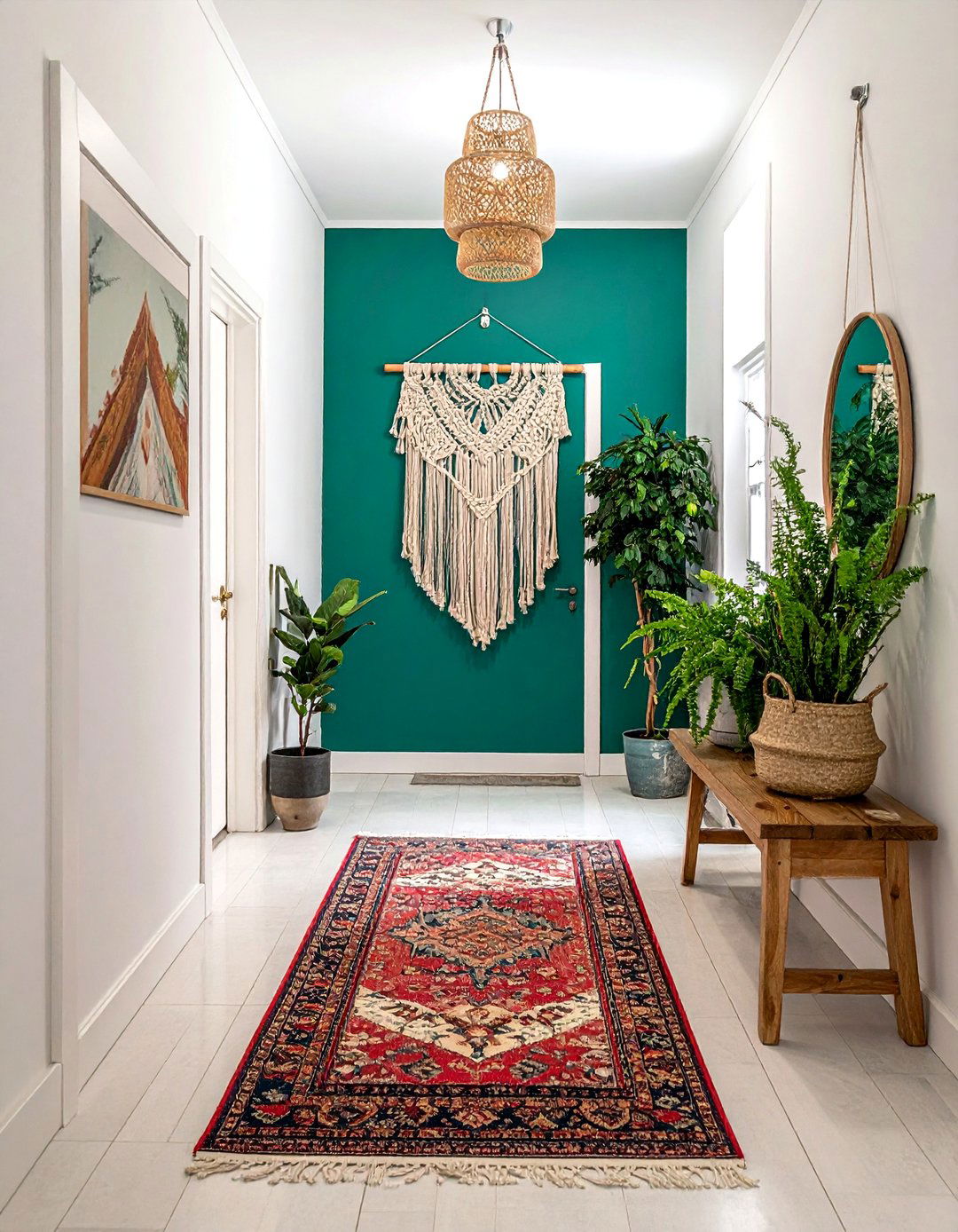 Teal Green Hallway with Bohemian Decor - 20 Green Hallway Ideas for a Fresh and Inviting Space