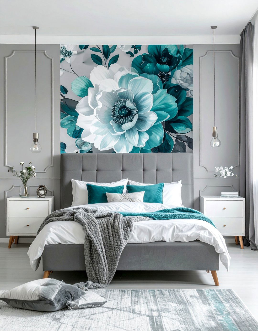 Teal and Grey Bedroom with Floral Prints - 15 Teal and Grey Bedroom Ideas for a Stylish Retreat