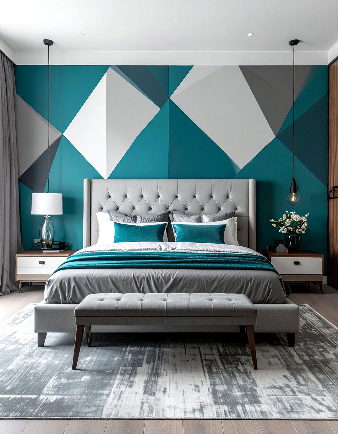 Teal and Grey Bedroom with Geometric Patterns - 15 Teal and Grey Bedroom Ideas for a Stylish Retreat