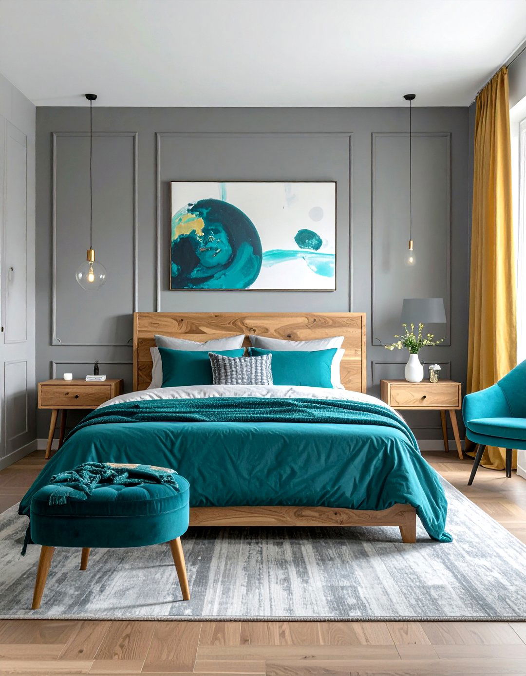 Teal and Grey Bedroom with Natural Wood Tones - 15 Teal and Grey Bedroom Ideas for a Stylish Retreat