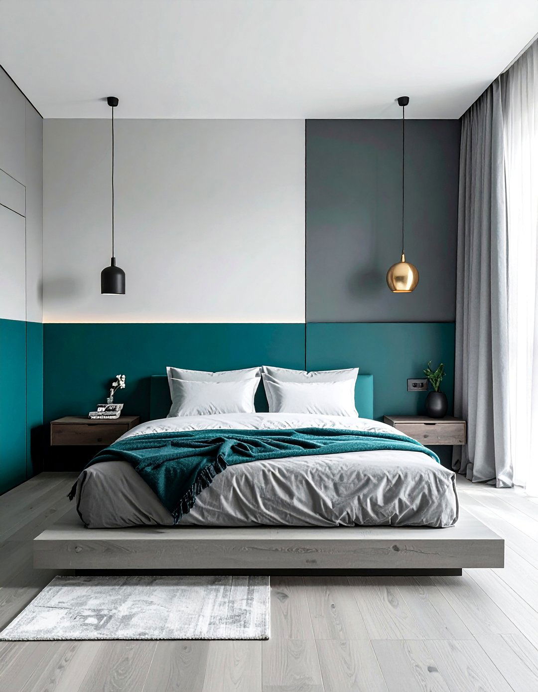 Teal and Grey Color Blocked Wall - 15 Teal and Grey Bedroom Ideas for a Stylish Retreat