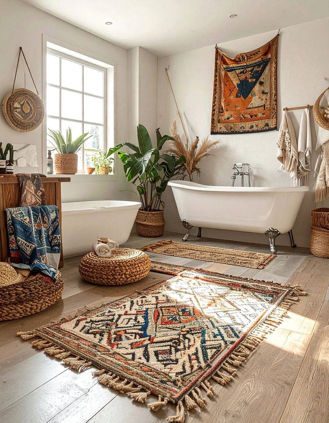 Textured Rug Layering - 25 Boho Bathroom Ideas for a Free-Spirited Retreat