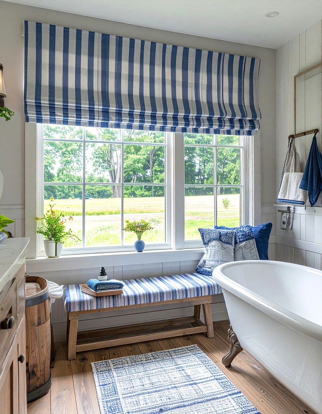 Ticking Stripe Farmhouse Roman Shades - 40 Farmhouse Window Treatment Ideas for a Cozy Home
