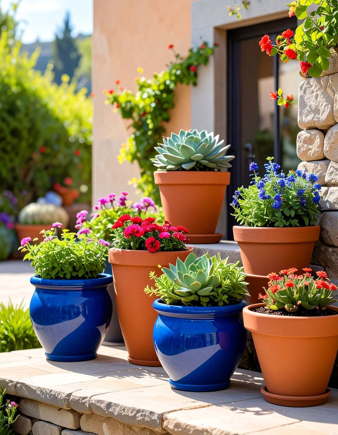 Tiered Container Planting in a Narrow Garden - 20 Narrow Garden Ideas to Maximize Small Spaces