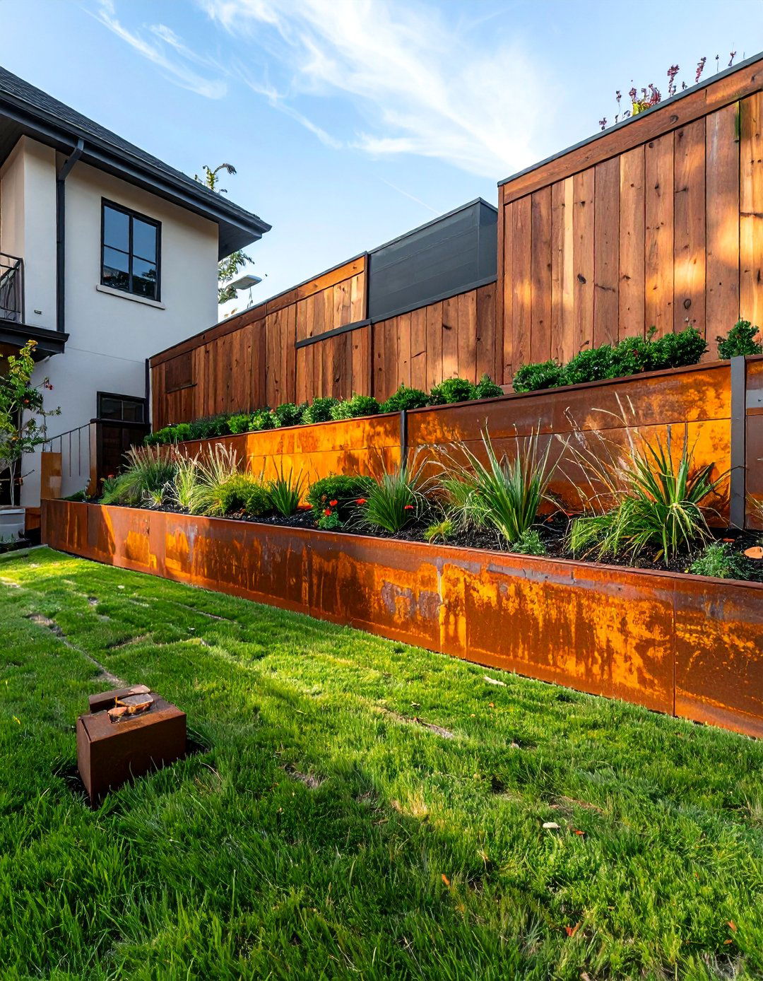 Tiered Retaining Wall Fence with Wood and Metal - 25 Metal and Wood Fence Ideas for Your Outdoor Space