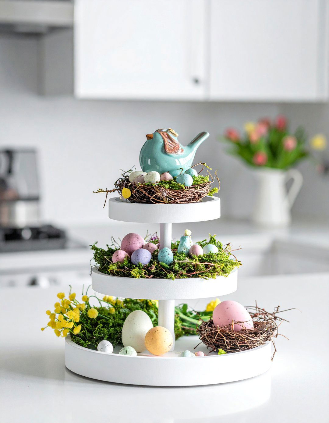 Tiered Tray Spring Centerpiece with Pastel Decor - 25 Spring Centerpiece Ideas for a Fresh Look