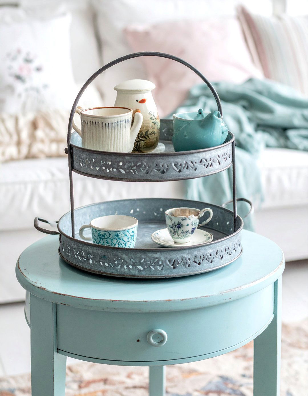 Tiered Tray with Vintage Inspired Decor - 25 Shabby-chic Style Living Room Ideas for Charm