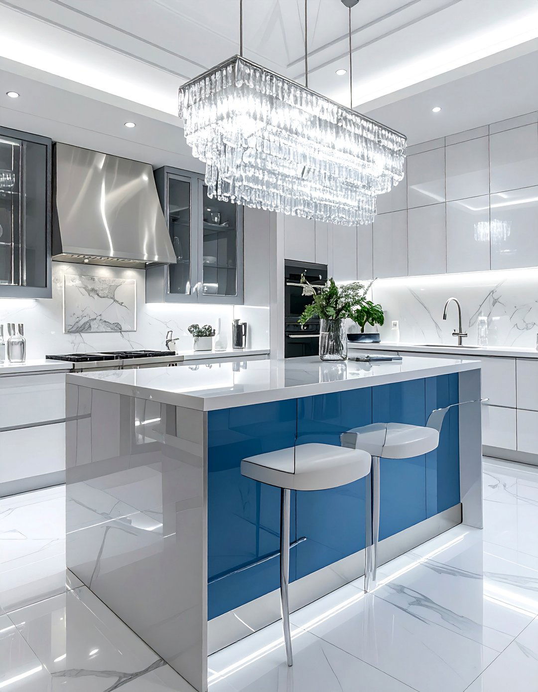 Tiffany Blue Island with Mirrored Accents - 30 White Kitchen Cabinets With Blue Island Design Ideas