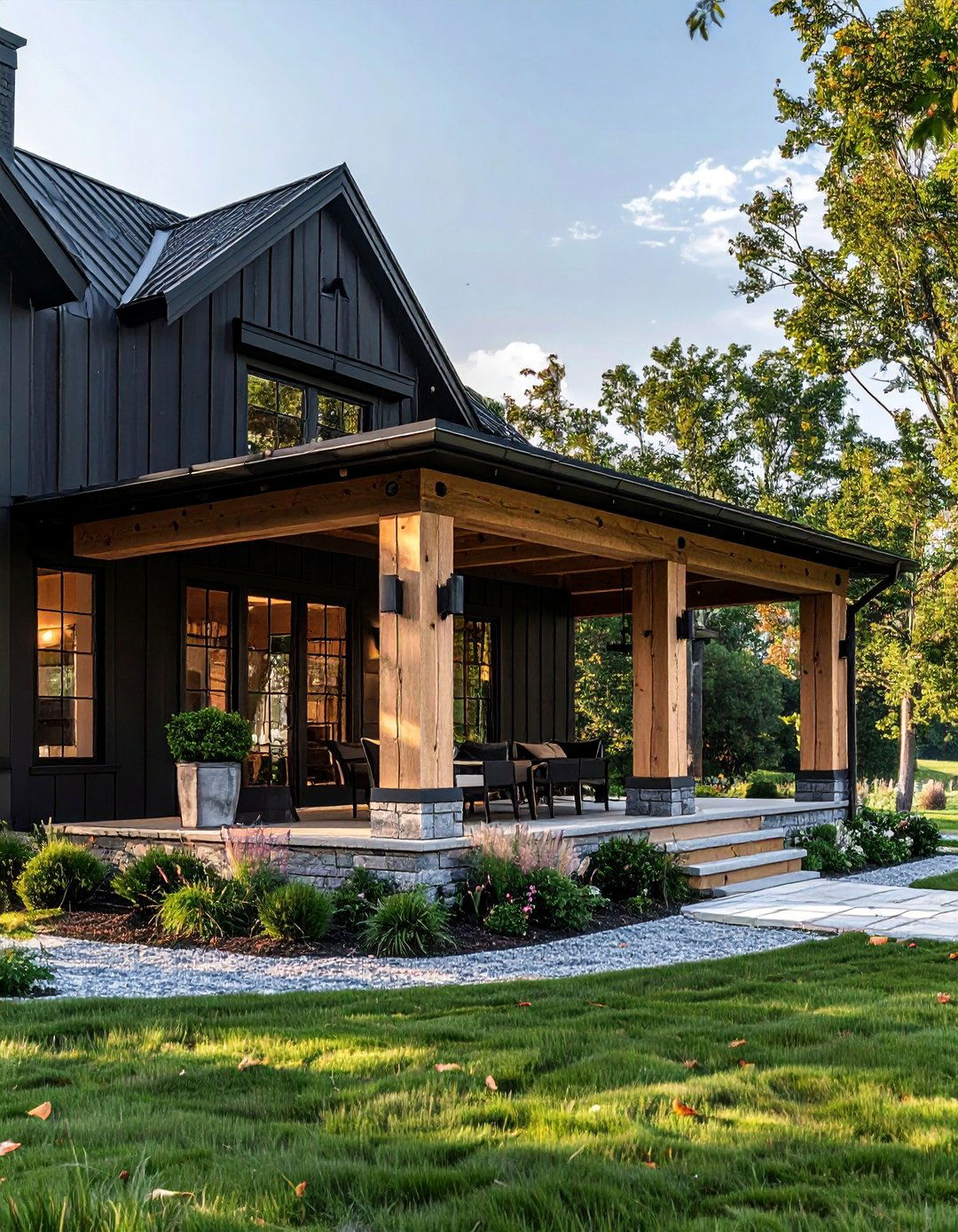 Timber Frame Porch Structure - 40 Black Modern Farmhouse Exterior Design Ideas for a Sleek Look