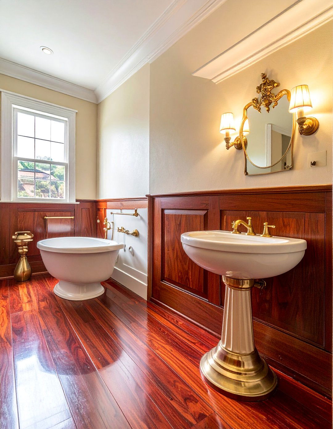 Traditional Bathroom with Mahogany Floors - 25 Dark Wood Floor Bathroom Ideas for a Cozy Retreat