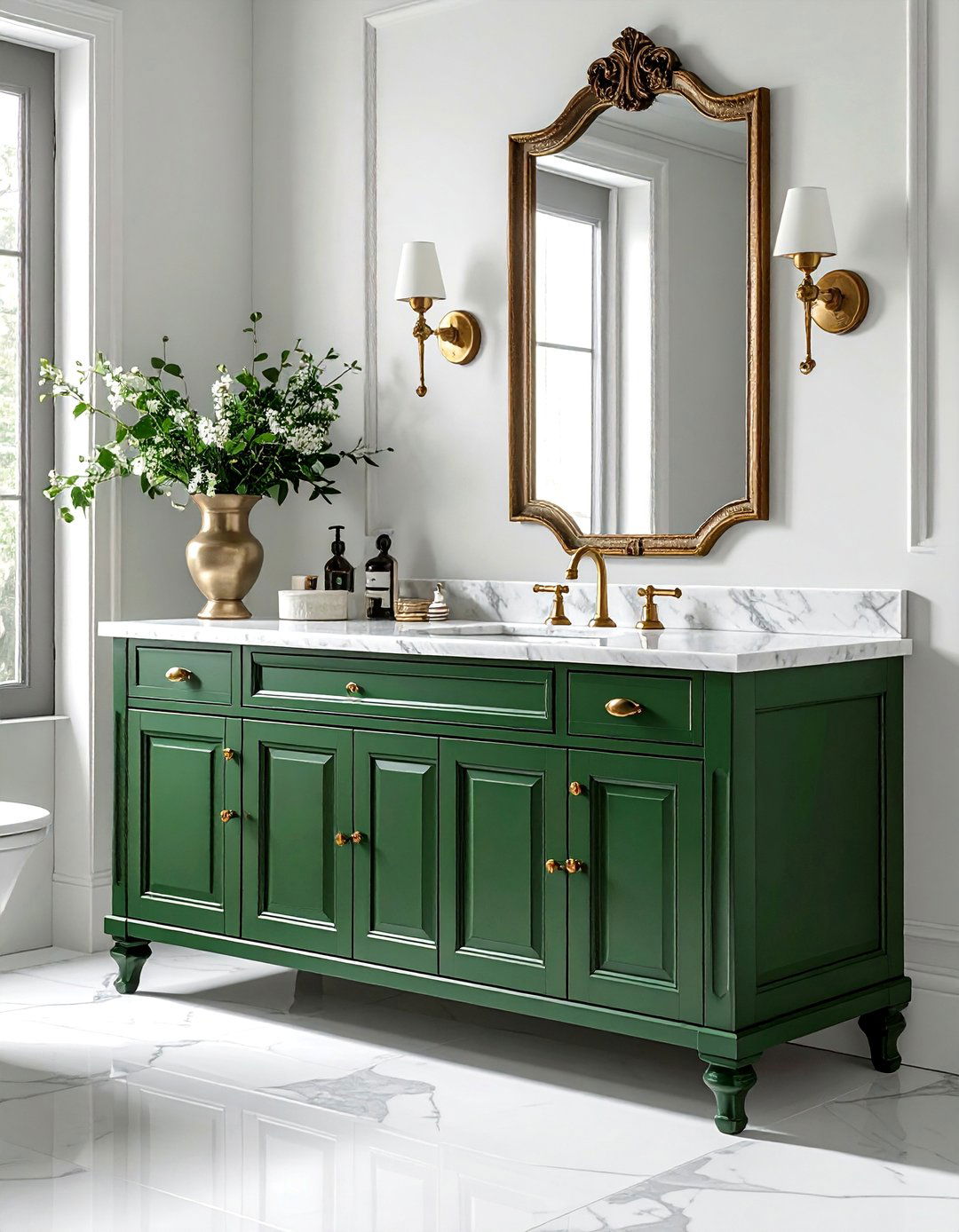 Traditional Hunter Green Vanity with Ornate Details - 15 Gorgeous Bathroom Designs Featuring Green Vanities