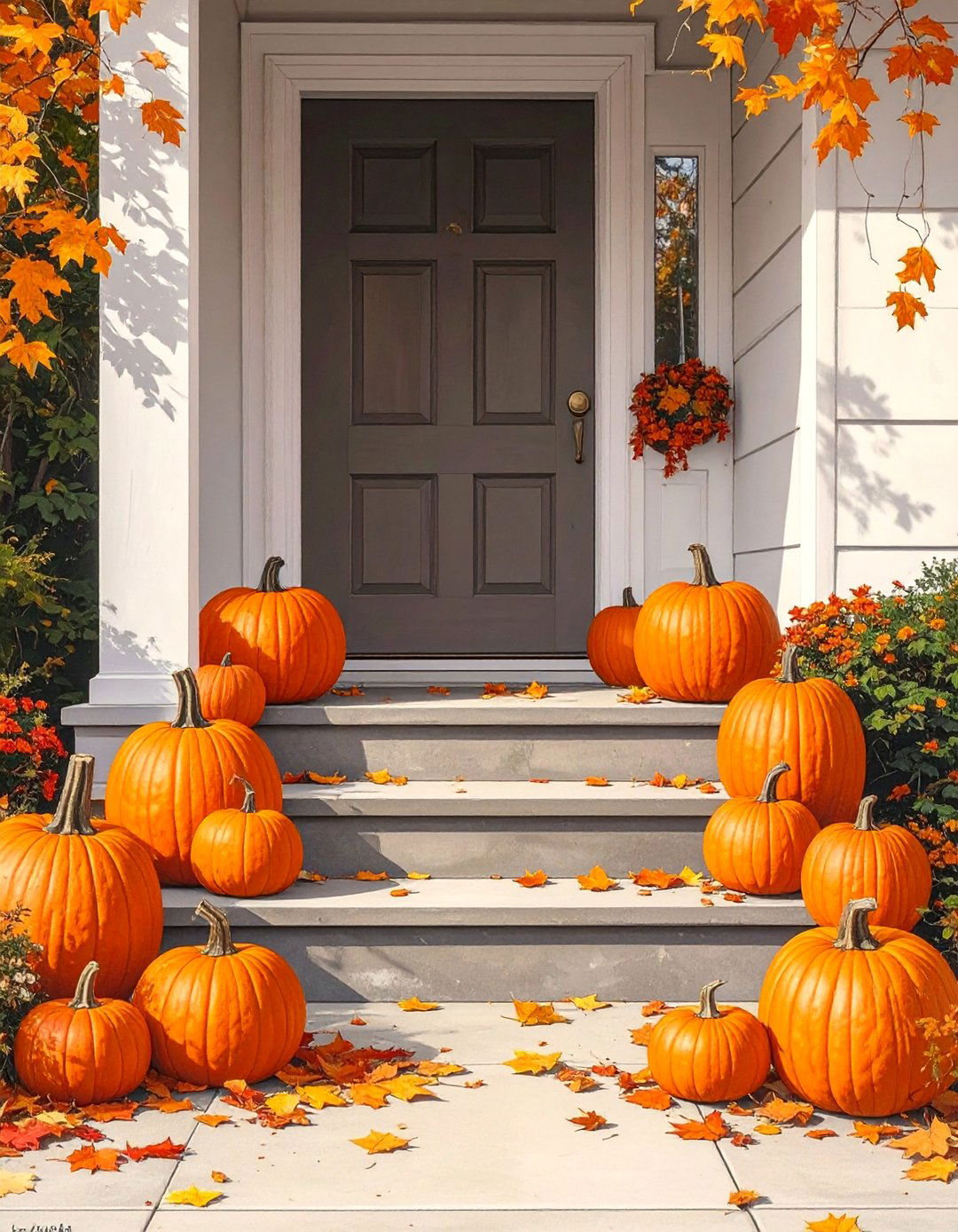 Traditional Orange Pumpkin Display - 30 Front Door Fall Decor Ideas to Welcome the Season
