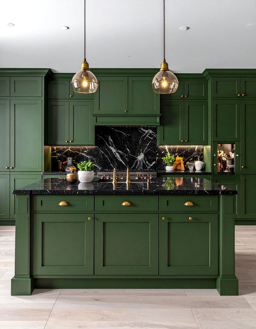 Traditional Raised Panel Green Cabinets with Black Counters - 20 Green Kitchen Cabinets With Black Countertops Ideas