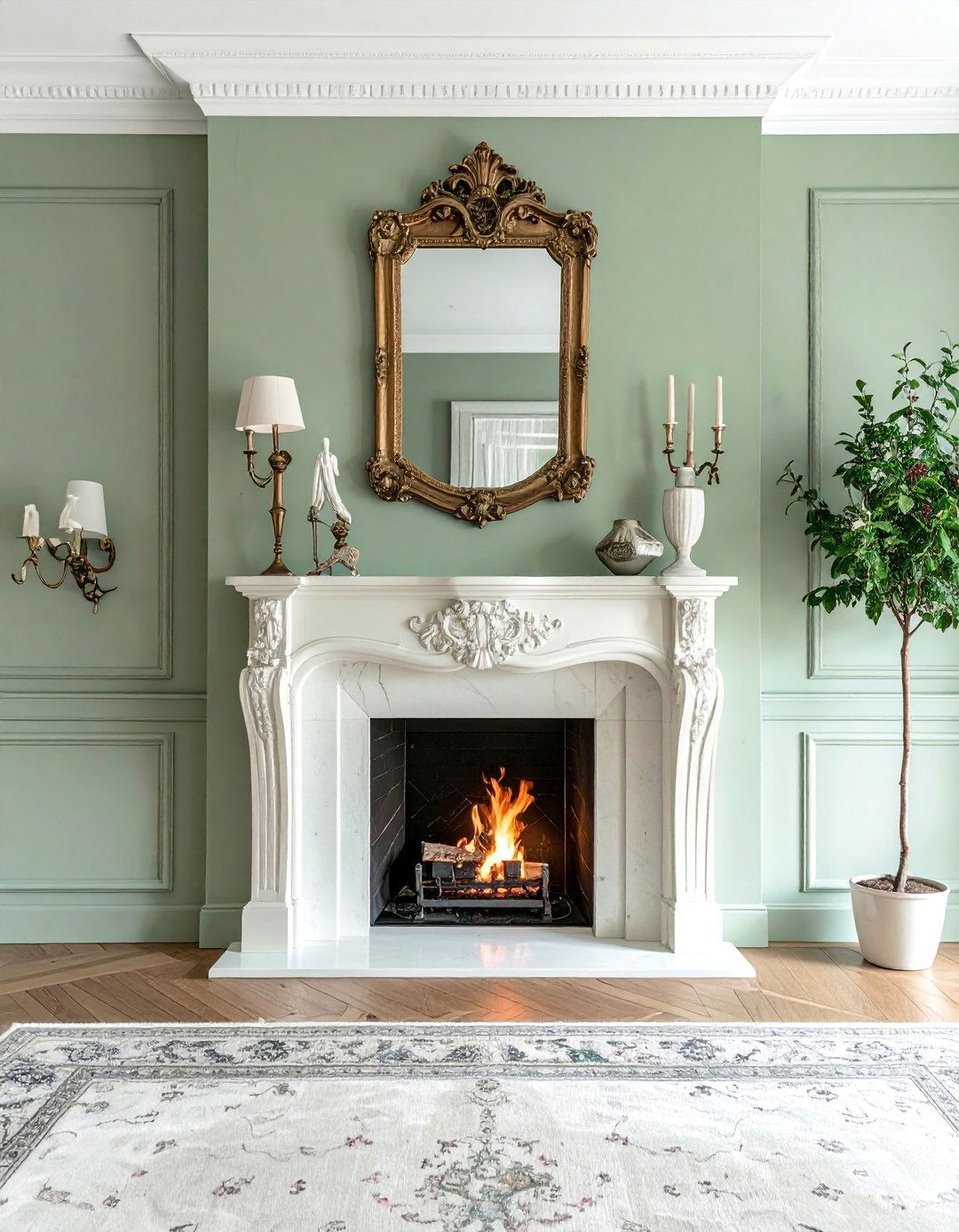 Traditional Sage Green Fireplace with Ornate Mantel - 15 Sage Green Fireplace Ideas to Cozy Up Your Space