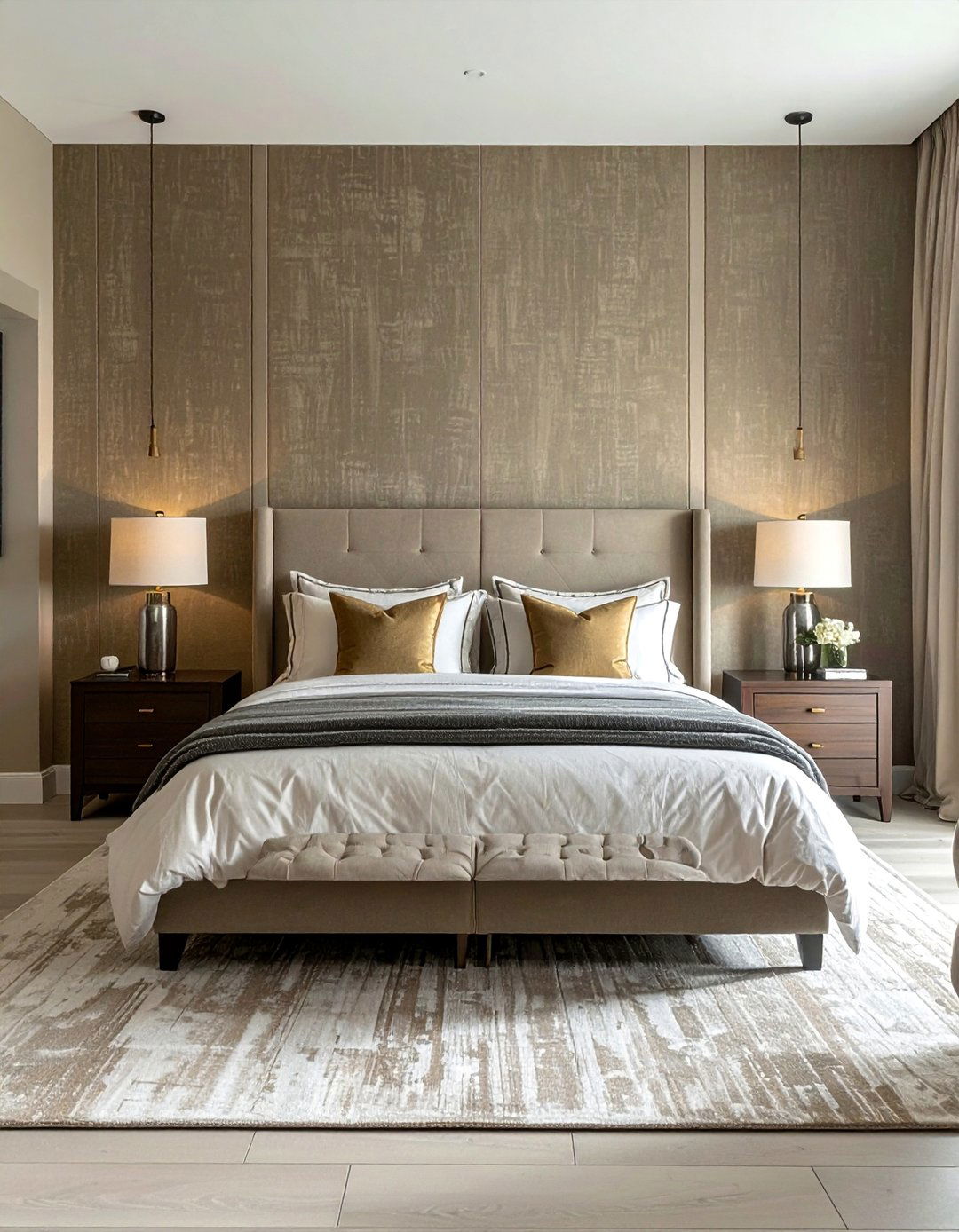 Transitional Bedroom Featuring a Grasscloth Wallpaper Accent - 30 Transitional Bedroom Ideas for a Timeless Look