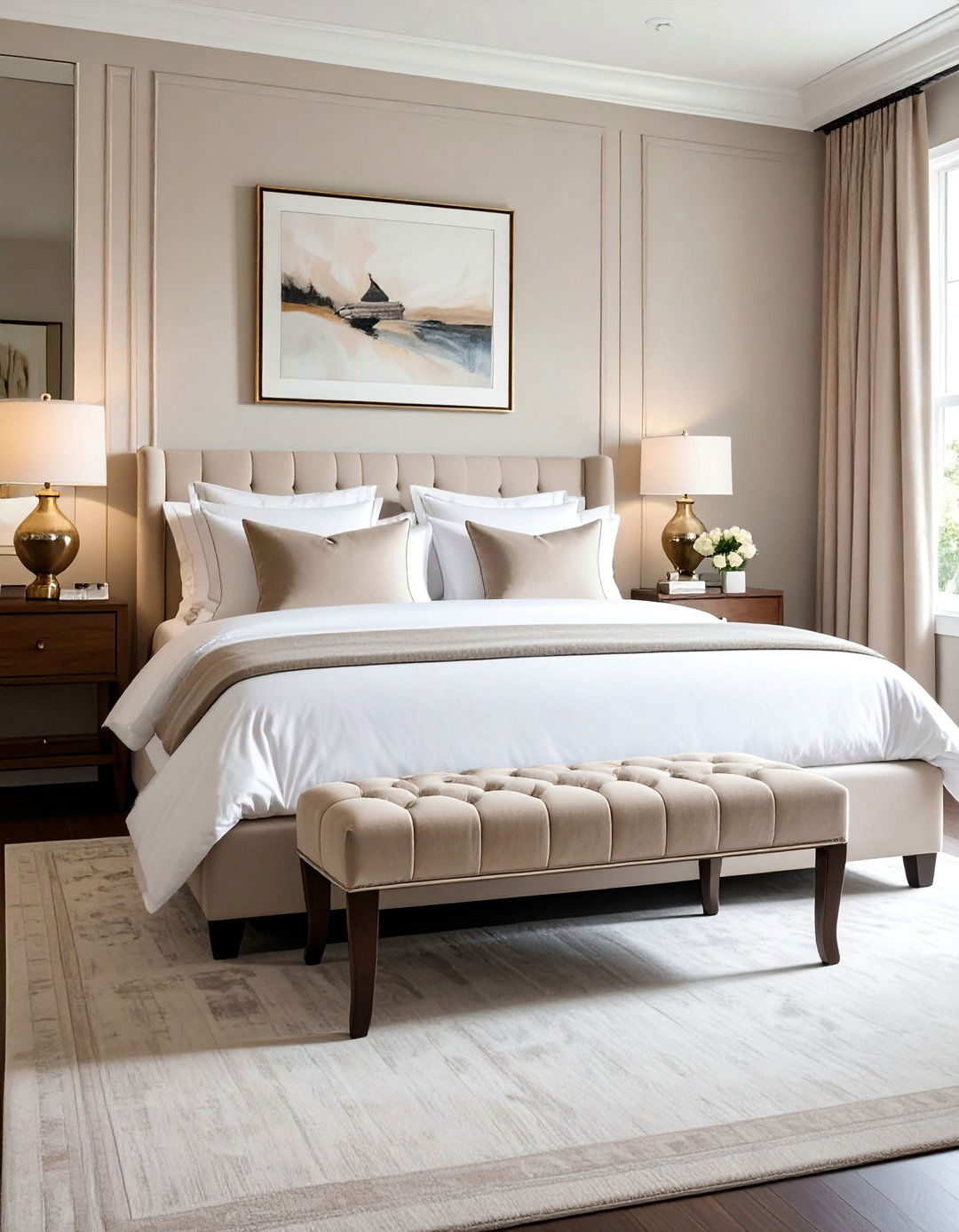 Transitional Bedroom Featuring a Tufted Bench - 30 Transitional Bedroom Ideas for a Timeless Look