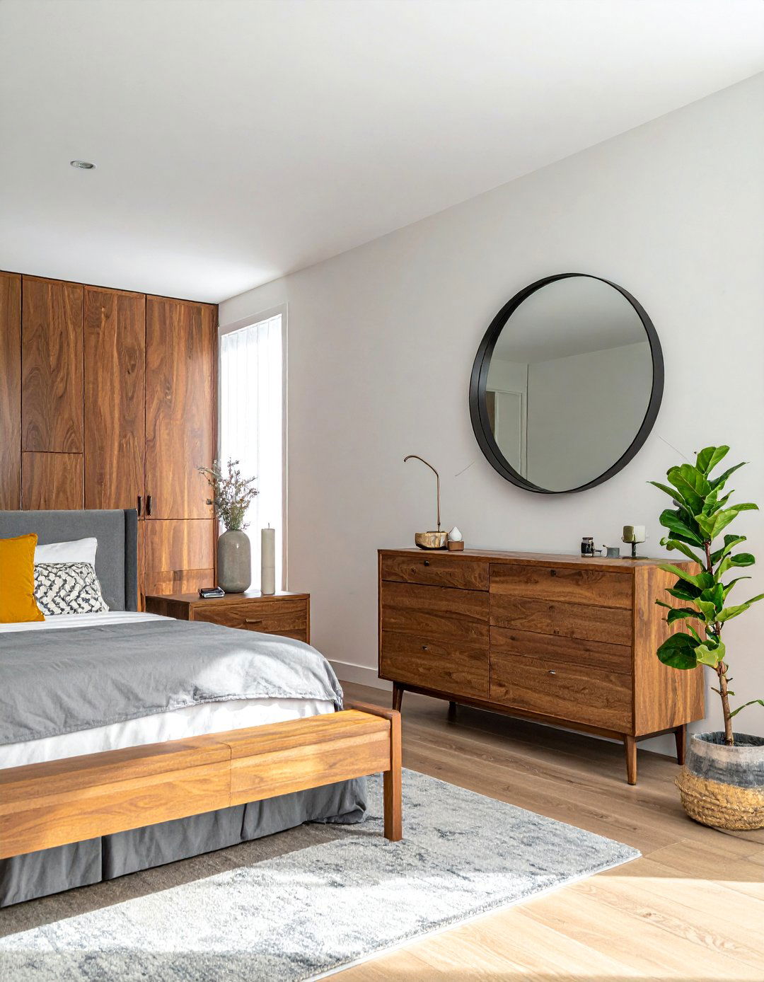 Transitional Bedroom with a Round Mirror - 30 Transitional Bedroom Ideas for a Timeless Look