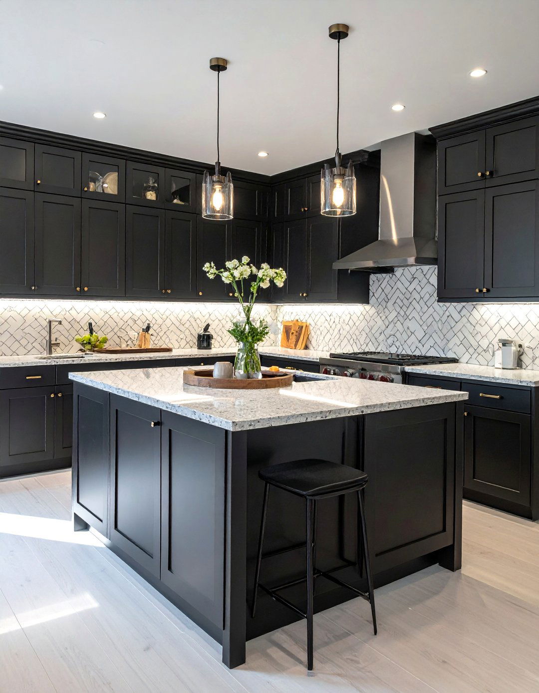 Transitional Black Cabinets with a White Speckled Granite Countertop - 15 Black Kitchen Cabinets With White Countertops Ideas