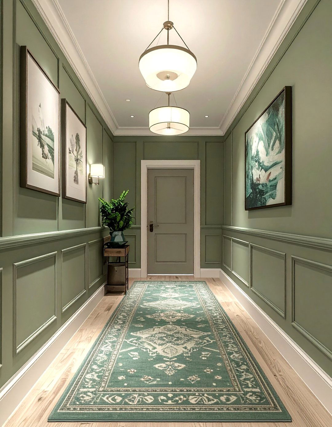 Transitional Hallway in a Muted Sage Green - 40 Sage Green Paint Color Ideas for a Serene Home