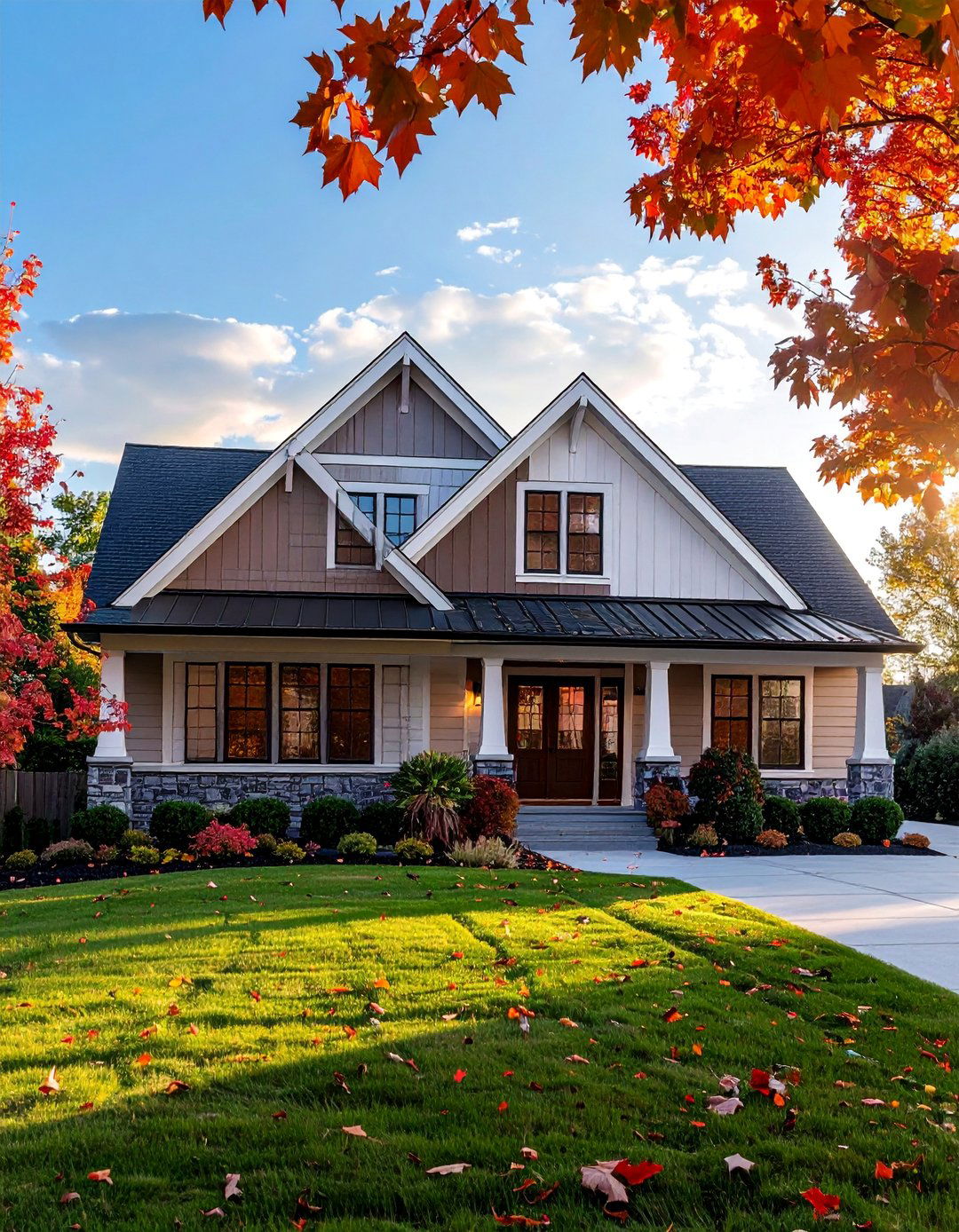 Transitional Home Exterior with Prominent Gables - 30 Transitional Home Exterior Ideas for Modern Appeal