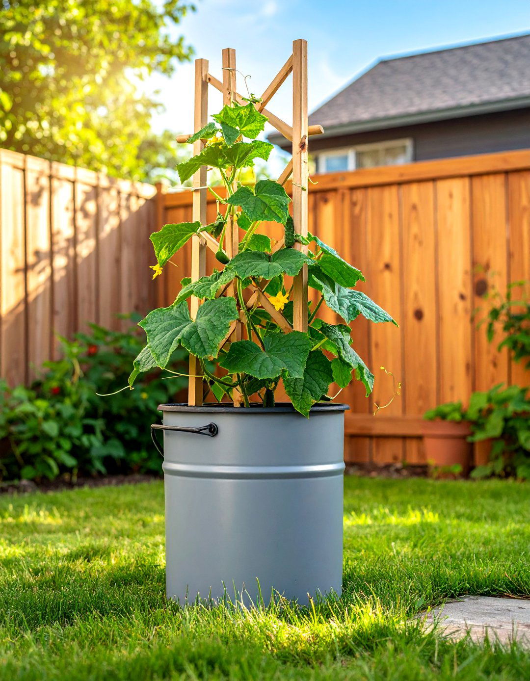 Trellised Bucket for Climbing Vegetables - 20 Bucket Garden Ideas for Creative Small Spaces