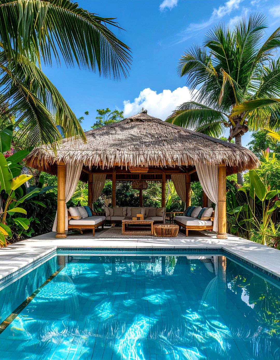 Tropical Bamboo Thatched Pool Gazebo - 15 Pool Gazebo Ideas for a Relaxing Backyard Retreat