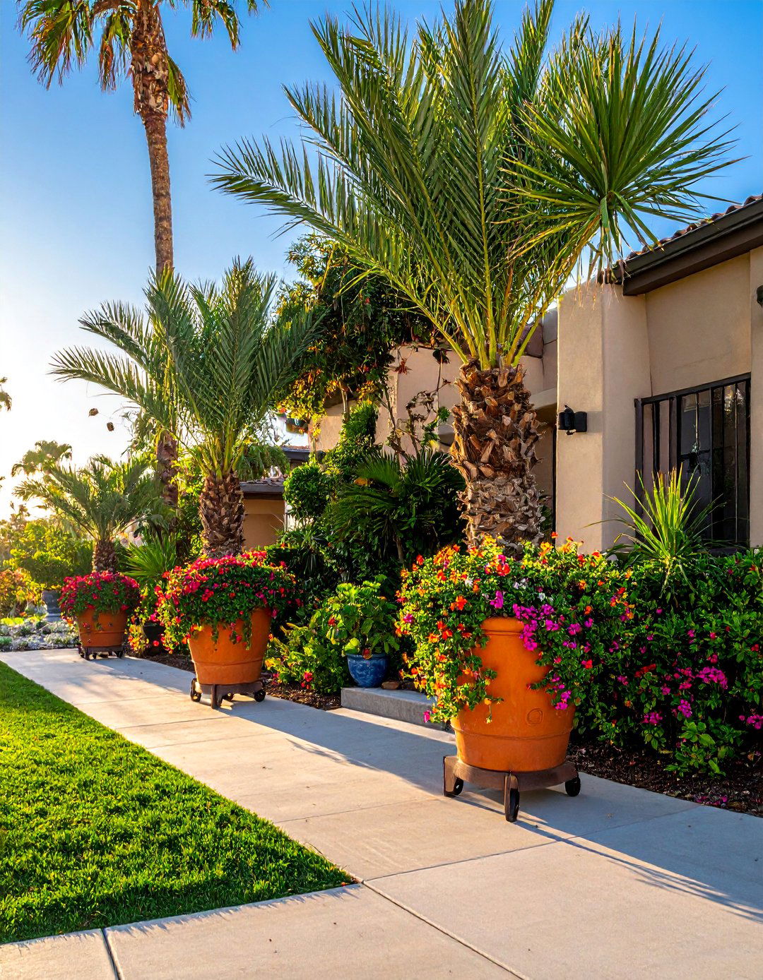 Tropical Container Garden Display - 30 Front Yard Palm Tree Landscape Design Ideas