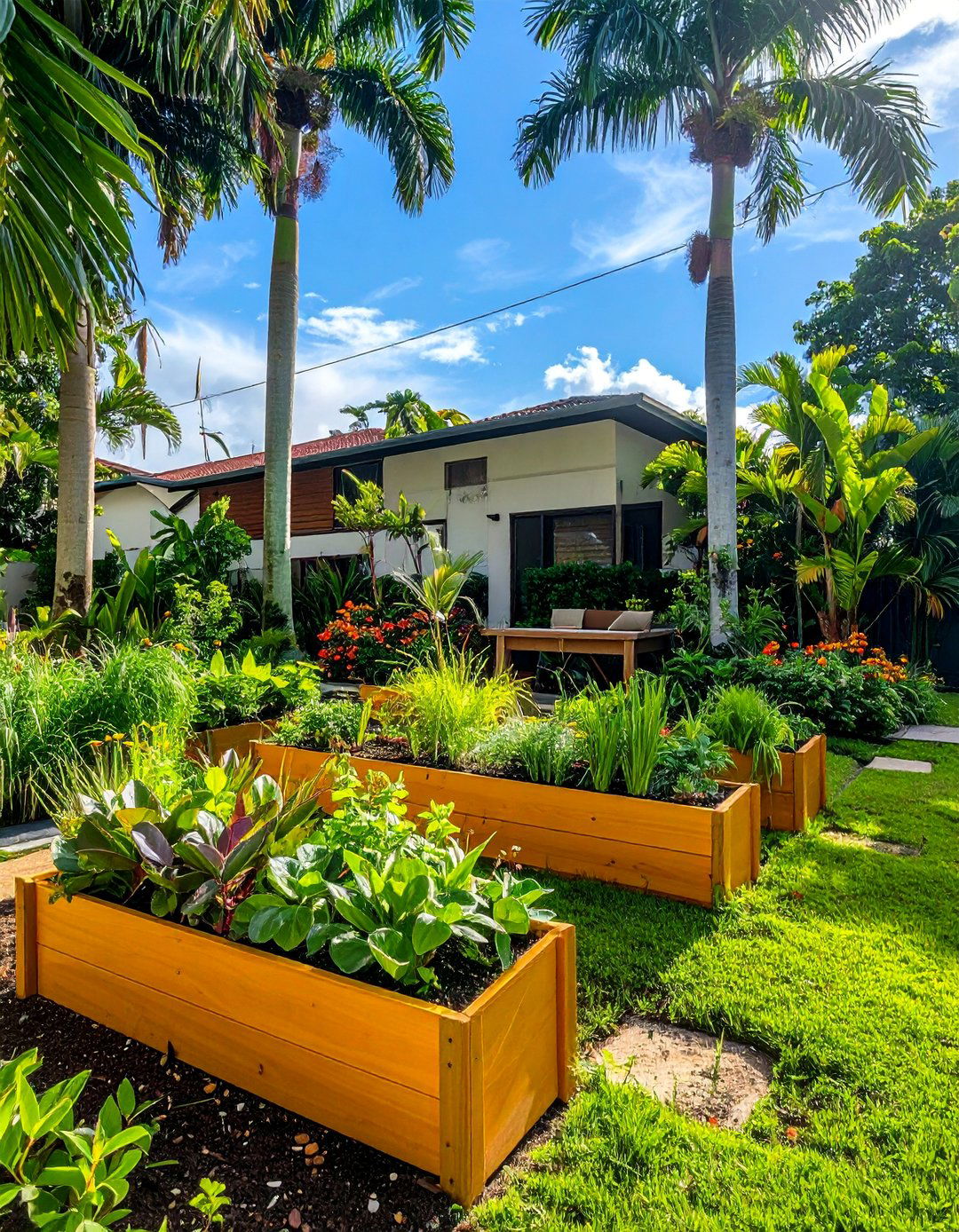 Tropical Herb Kitchen Garden - 30 Front Yard Palm Tree Landscape Design Ideas