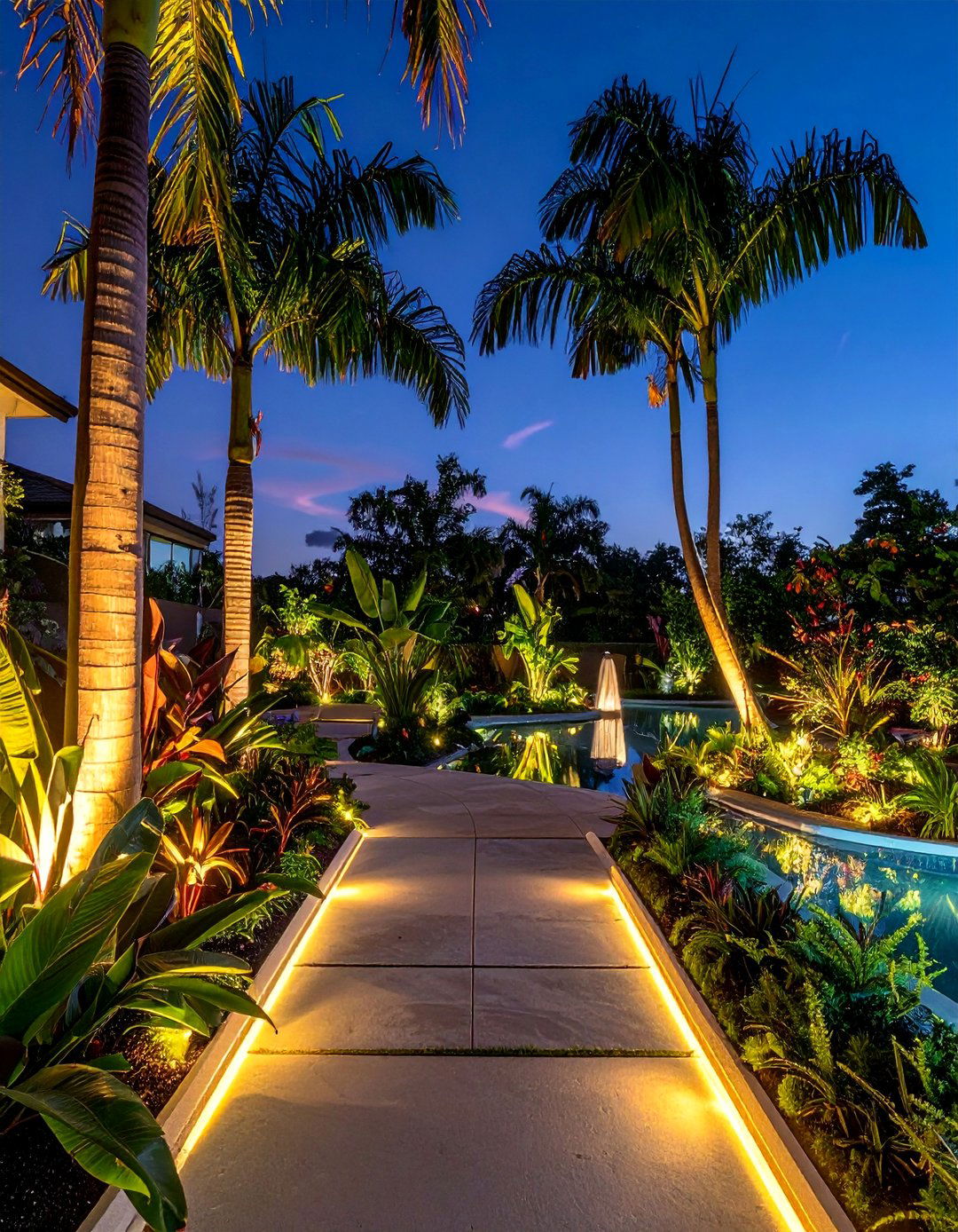 Tropical Night Garden Illumination Design - 30 Florida Backyard Ideas for a Tropical Oasis