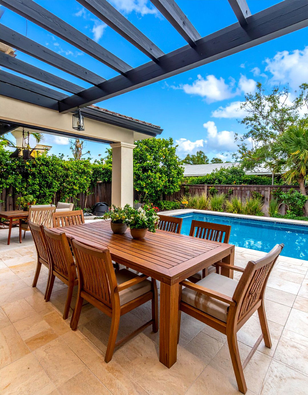 Tropical Poolside Dining Terrace - 30 Florida Backyard Ideas for a Tropical Oasis