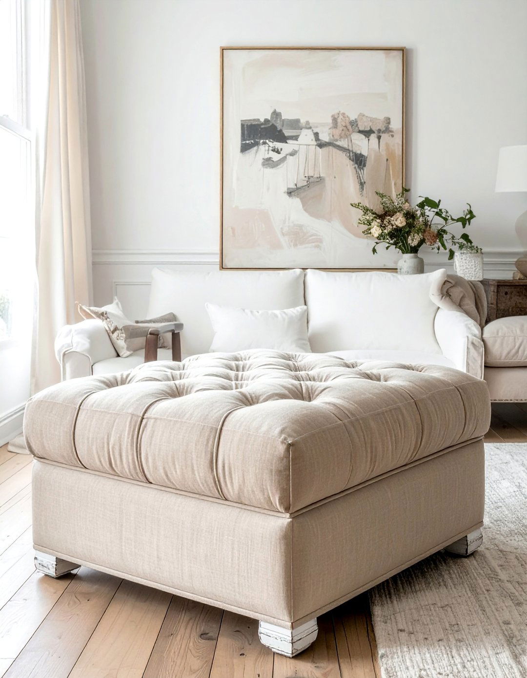 Tufted Ottoman with Carved Wooden Legs - 25 Shabby-chic Style Living Room Ideas for Charm