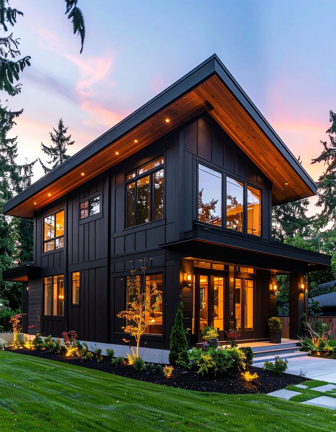 Two Story Black House with a Cedar Soffit Overhang - 20 Black House with Cedar Accents Design Ideas