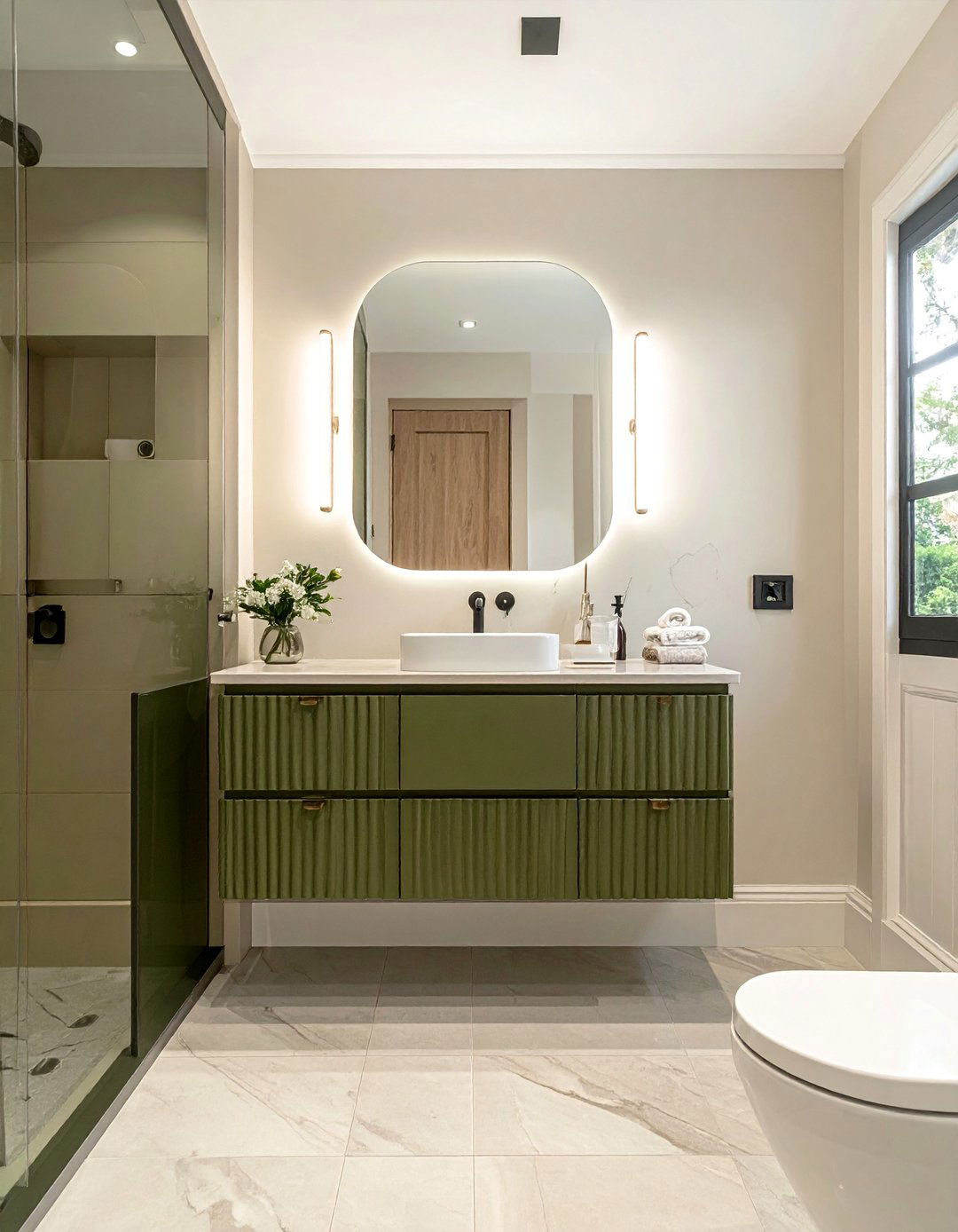 Two Tone Bathroom with a Split Green Vanity Design - 15 Gorgeous Bathroom Designs Featuring Green Vanities