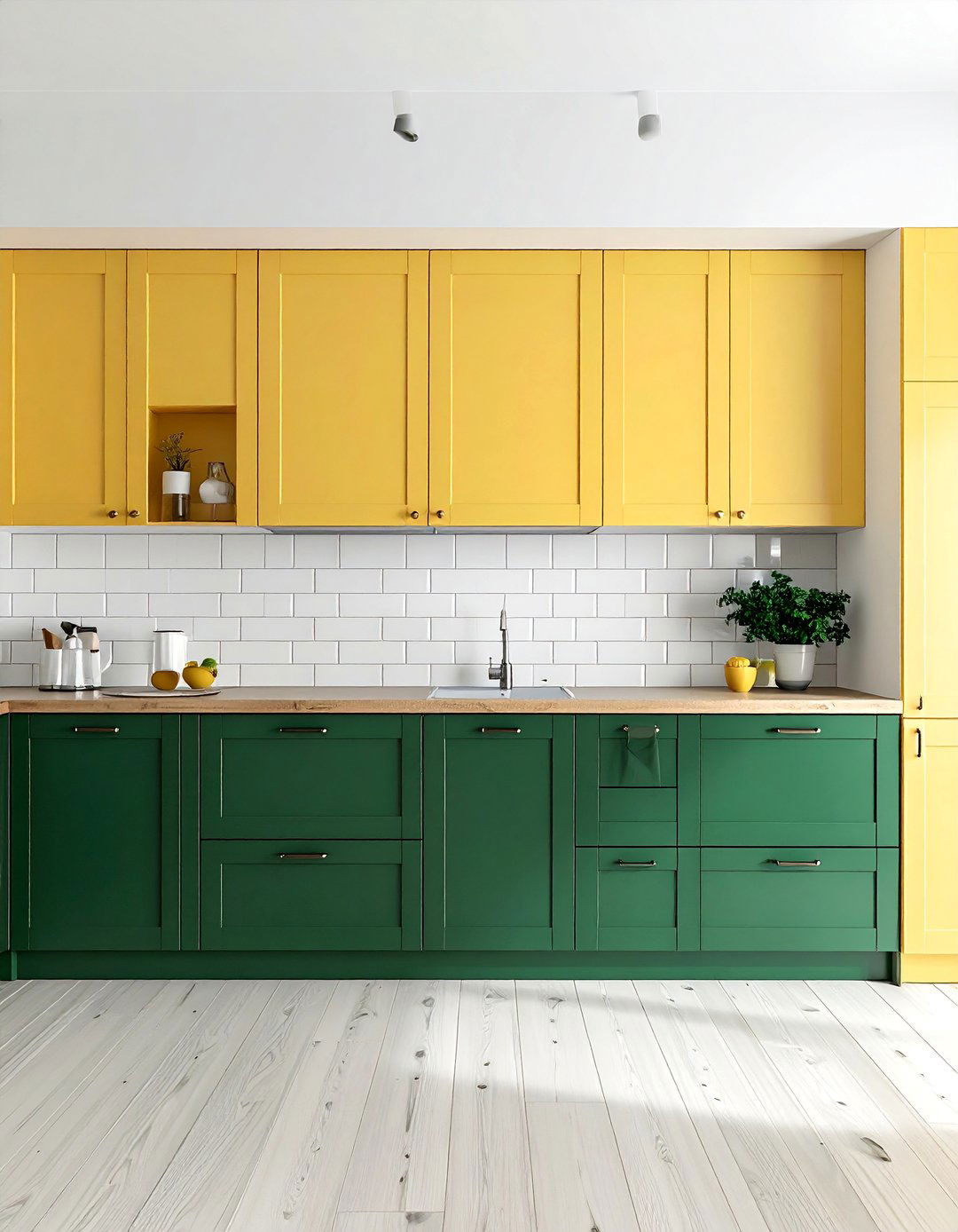Two Tone Cabinets with Forest Green Lowers and Pale Yellow Uppers - 20 Green and Yellow Kitchen Ideas for a Fresh Look