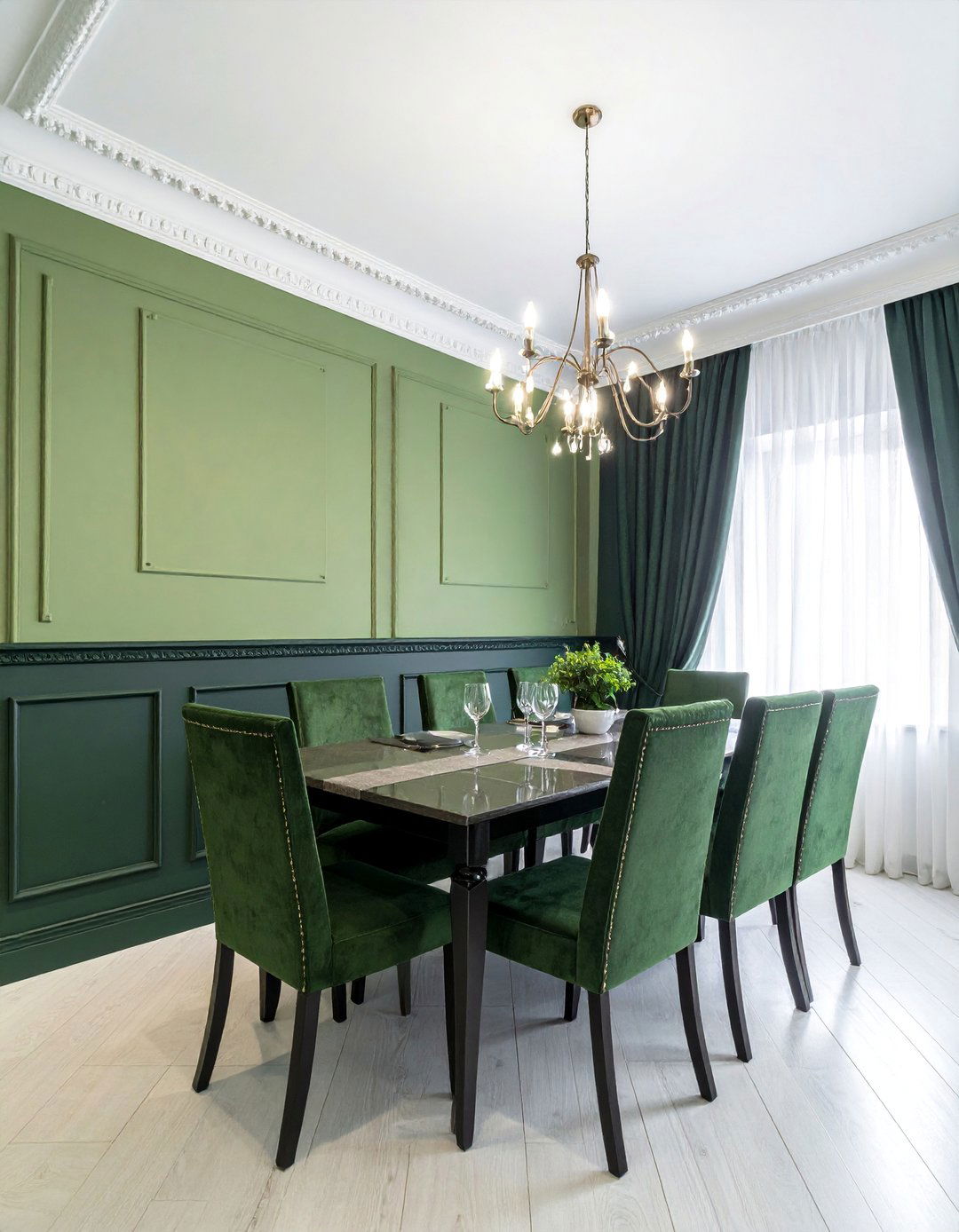 Two Tone Green Dining Room with Wainscoting - 40 Green Dining Room Ideas for a Fresh Look